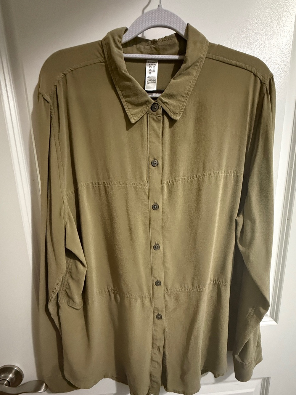 SPANX 100% Washable Silk Olive-Green Button Blouse